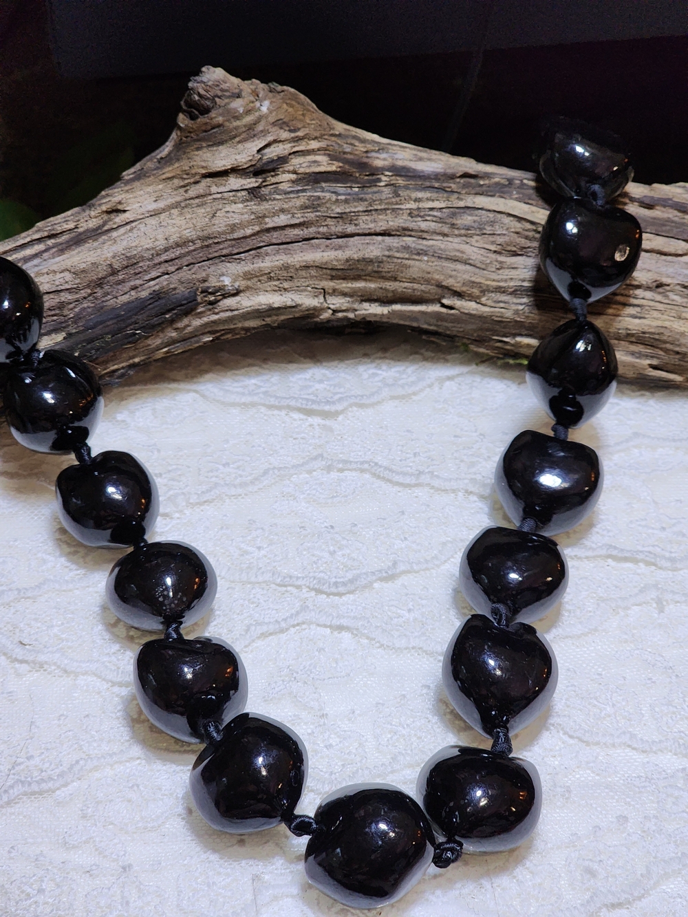 Vintage 33” Black Polished Kukui Nut Lei Heart Shaped Nuts Knotted Ribbon